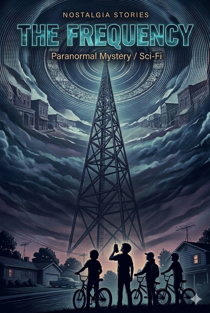 The Frequency poster: four kids on bikes look up at a radio tower under a swirling night sky