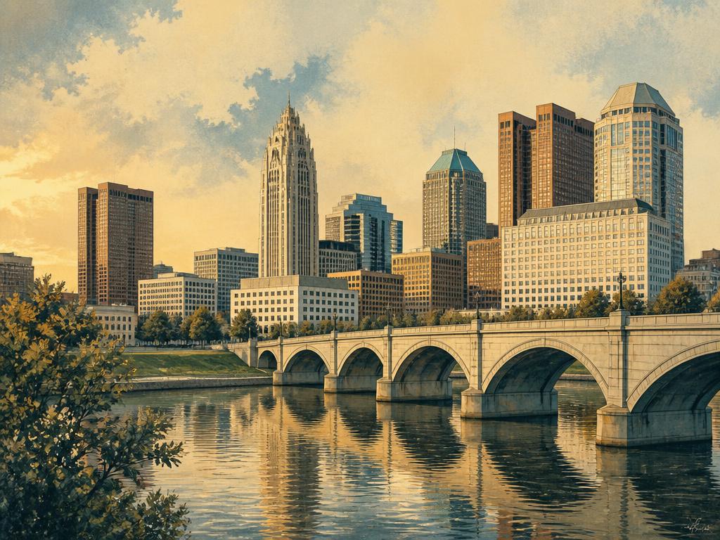 Downtown Columbus skyline above the Scioto River, seen from the Rich Street bridge