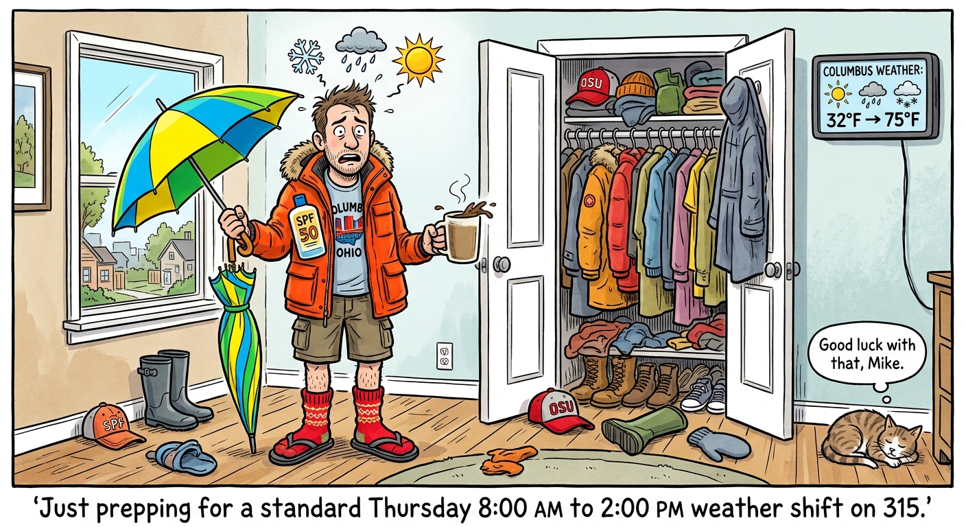 Single-panel comic showing a bewildered Columbus man in a bedroom preparing for an extreme Ohio weather swing. He wears a heavy orange winter coat with a fur-lined hood, khaki shorts, and red wool socks under sandals, while holding a colorful umbrella in one hand and a steaming mug in the other. A bottle of SPF 50 sunscreen sticks out of his coat pocket, and his t-shirt reads 'Columbus Ohio.' Above his head are weather icons for snow, rain, and sun. An open closet behind him overflows with coats, sweaters, boots, and OSU hats. A wall-mounted 'Columbus Weather' display reads '32°F → 75°F' with sun, rain, and snow icons. On the floor sit rain boots, flip-flops, gloves, and another OSU cap. A sleeping cat in the corner has a thought bubble saying 'Good luck with that, Mike.' The caption below reads: 'Just prepping for a standard Thursday 8:00 AM to 2:00 PM weather shift on 315.'